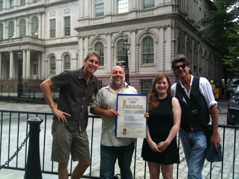 Good Beer Seal bar owners display Mayor Bloomberg's Good Beer Month Proclamation at City Hall, July 2010