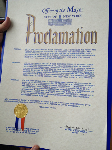 Official NYC Mayor's Office proclamation declaring July as Good Beer Month, signed by Mayor Michael Bloomberg, circa 2013